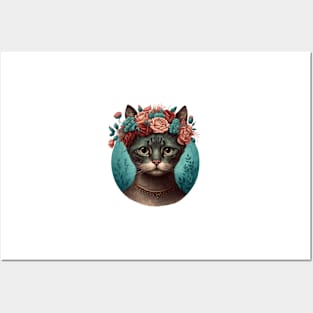 Frida Cathlo Cat with Flowers on their Head Posters and Art